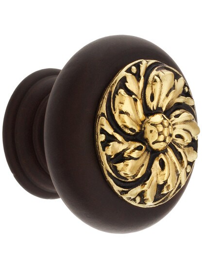 1 1/2 inch Diameter Chrysanthemum Knob in Dark Walnut/Brite Brass.